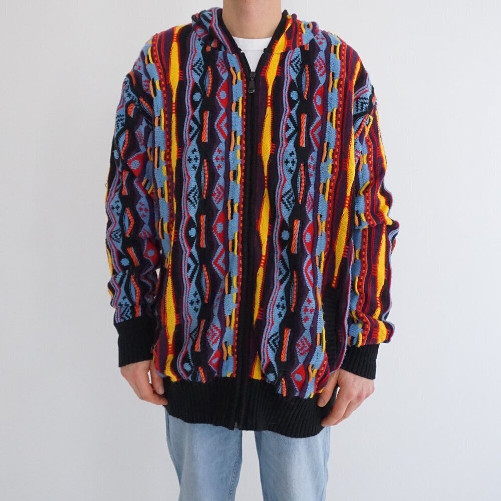 freeX Mountain Multicolor Abstract Textured Hooded Knit Streetwear Sweater XXL